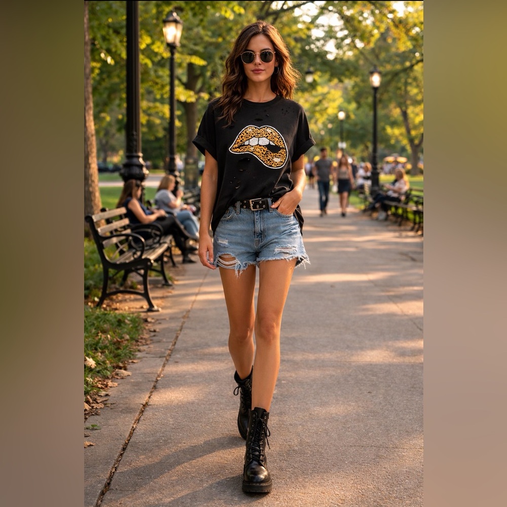 Zutter Distressed Rock Chic Leopard Lips Black Graphic Tee ~ Size Medium